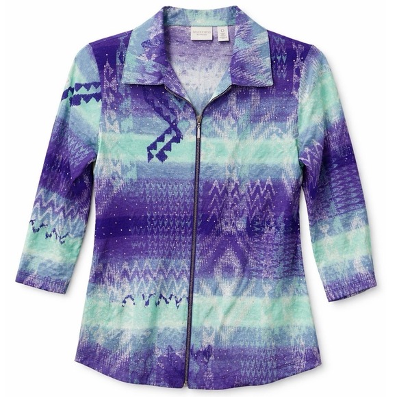 Chico's Jackets & Blazers - Weekends by Chicos Ikat Aztec Print rhinestone zip up lightweight jacket 0 XS/Sm